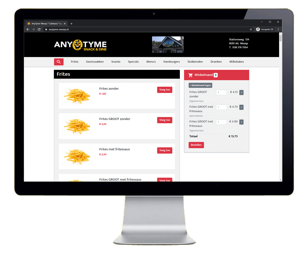 Dotsimpel online-bestelsysteem op website van AnyTyme Wezep Cafetaria